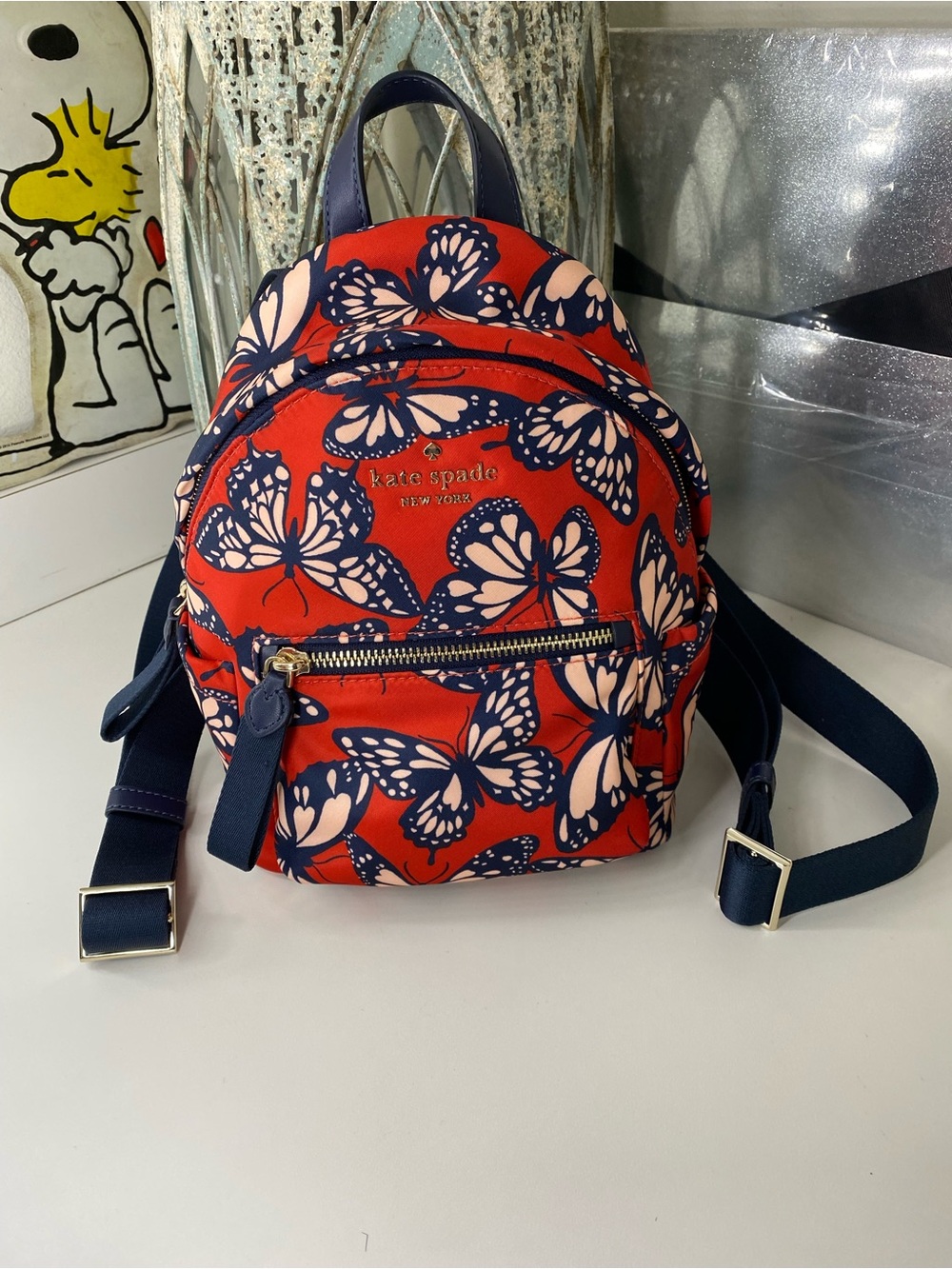 kate spade Red Butterfly Mini Backpack with Navy Accents purse